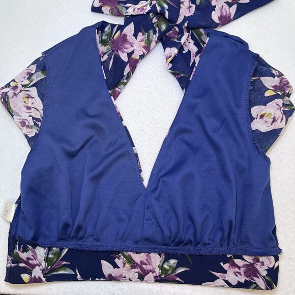 Essue crop top sheer flounce sleeve dark blue pink purple womens M - Picture 12 of 16